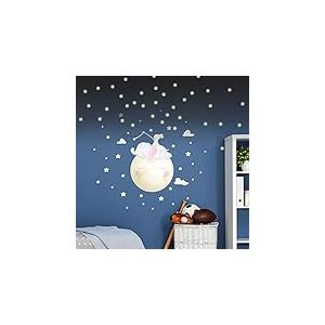 Stickers muraux enfants - Decoration chambre bébé - Sticker mural enfant - Autocollant mural éléphant et lapin sur la lune et 110 étoiles (140x120cm) + 100 stickers étoiles phosphorescentes