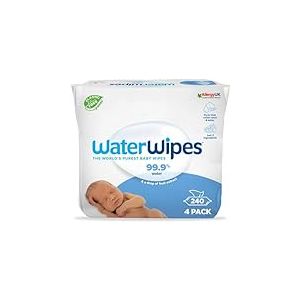 Waterwipes Lingettes Bébés Originales Exemptes De Plastique, 240 Unités (4 Paquets), Lingettes à Base d'Eau à 99,9 %, Non Parfumées pour les Peaux Sensibles