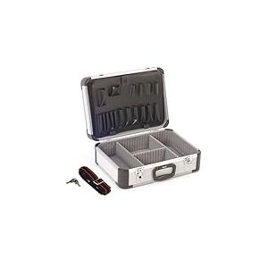 Perel Mallette à outils vide, valise outils vide, mallette de rangement, valise transport, compartiments individuels, poches à outils, verrouillable, 2 clés incl., aluminium, bandoulière, gris, 460 x
