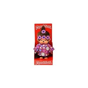 Sekiguchi 252893 - Original Monchhichi Fille Flower Power en Violet et Bleu, Animal en Peluche Brun d'environ 20 cm