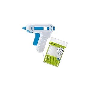 Westcott Mini pistolet à colle chaude avec 30 bâtons de colle, kit avec pistolet à colle et bâtons de colle pour l'école, la maison et le bureau, blanc/bleu
