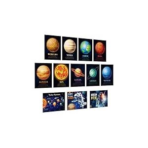 Outus Lot de 12 affiches éducatives plastifiées sur le système solaire pour enfants - Motif espace et planètes - Art mural pour tout-petits, salle de classe, chambre à coucher - 26 x 36 cm
