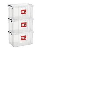 Cetomo 25L*3 Bo&icirc;tes de rangement, bo&icirc;te empilable avec couvercles, contenant robuste avec coins renforc&eacute;s, c&ocirc;t&eacute;s verticaux et verrouillage &agrave; pression, durable, en plastique, transparent,25L - lot de 3