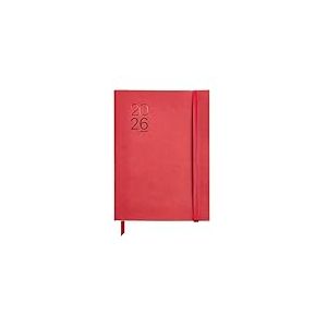 Miquelrius Agenda semainier 2026 format A5+ (155 x 213 mm), couverture souple imitation cuir cousu, papier 80 g/m&sup2;, Catalan-EN-PT, rouge