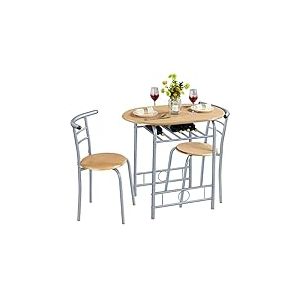 Yaheetech Ensemble de Table &agrave; Manger avec 2 Chaises, Ensemble de Meubles 3 pi&egrave;ces de Cuisine avec Porte-Bouteilles, pour Petit Espace, Jardin, Studio Bois et Argent