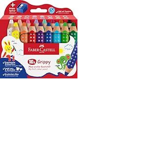 Faber-Castell 110645 Set Grippy, 16 Gros Crayons de Couleurs Enfants, Kit Dessin Facile à Laver, Crayon de Couleurs Enfant de Forme Triangulaire Ergonomique et Épaisseur de 10mm, Taille Crayon Inclu