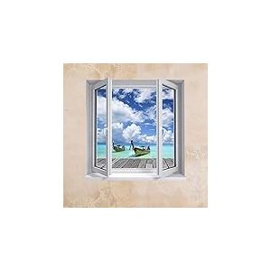 Sticker Autocollant Effet 3D | Sticker Mural Fen&ecirc;tre et Mer Tropicale - Papier Peint D&eacute;coration Trompe l Oeil Salle et Salon - 60x60cm
