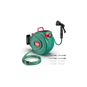 HYCHIKA Enrouleur Tuyau Arrosage 30m &ndash; Enrouleur Extensible Murale pour Jardin avec Verrouillage et Enroulement Automatique, Buse &agrave; 8 Modes, Bo&icirc;te Pivotante 180&deg;, pour Arrosage Ext&eacute;rieur