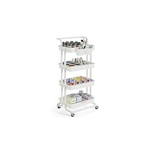 SONGMICS Chariot de Rangement, 4 Niveaux, Desserte sur roulettes, &Eacute;tag&egrave;re, Poign&eacute;e, 2 Pots, 2 Freins, Paniers en Plastique, Montage Facile, Chambre, Cuisine, Blanc BSC077WZ01