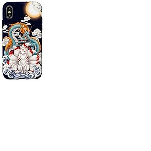 Pagode du Dragon Renard Kitsune &agrave; Neuf queues Japonaise Coque pour iPhone X/XS
