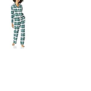 Amazon Essentials Ensemble Pantalon de Pyjama et Chemise en Flanelle à Manches Longues boutonnés sur Le Devant Femme, Blanc Vert Foncé Écossais, M