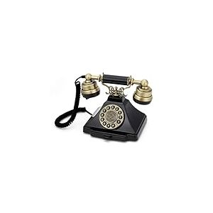 GPO Duke - Téléphone vintage à bouton poussoir - Cordon en tissu, son de cloche authentique - noir et bronze