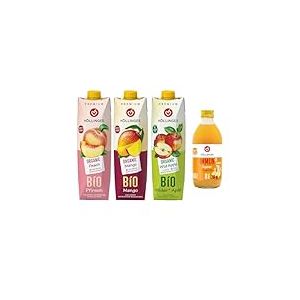 Hollinger Bio Premium Pack Mixte, Jus de Fruits Biologiques, P&ecirc;che, Mangue, Pomme Sauvage, 3x1L, Plus Boisson Immun+ Gingembre 330ml