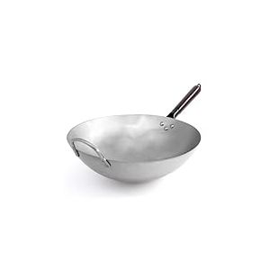 joejis wok en acier au carbone 35 cm – fond rond – poignée en bois amovible – style traditionnel martelé à la main – poêle à frire chinoise robuste
