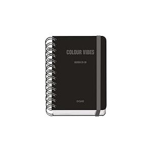 Dohe - Agenda Scolaire 2025 2026 - Page Par Jour, Taille A6 (12x17 cm), Espagnol et Anglais, Fermeture à Spirale Double et Élastique, Couverture Rigide, 4 Pages d'Autocollants - COLOUR VIBES Noir