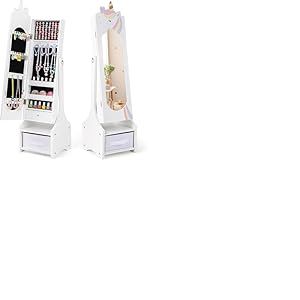 FANTASK Armoire à bijoux 2 en 1 pour enfants, armoire à miroir inclinable, avec miroir intégral, tiroir et panier de rangement, présentoir à bijoux, miroir de maquillage pour enfants à partir de 3 ans