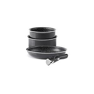 QDESIGN Lot de 2 Casseroles et sauteuse en Aluminium anti-adhésif sans PFOA avec poignée amovible - tous feux dont induction - Compatible four, lave-vaiselle et frigo - Noir, Empilables 16/20/24cm