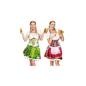 Whaline Lot de 2 tabliers de l'Oktoberfest - Costume Dirndl pour femme - Robe allemande - Tablier fantaisie pour cuisine, barbecue, f&ecirc;te (rouge, vert)