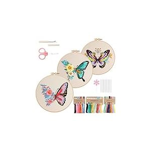 VynyQoo 3pcs Kit Broderie Debutant Papillon, Kit de Broderie, Fils à Broder Kit, Embroidery Kit Broderie Débutant Outil avec Vidéo et Instructions, Kit de Broderie au Point de Croix pour Adultes