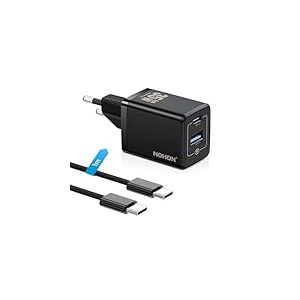 NOHON 35W Chargeur Rapide USB-C: GaN Prise Secteur 2-Port (USB C+USB A), Mural Chargeur USBC avec 60W Rapide Câble 1M, Adaptateur PD3.0 pour iPhone 15 14 13 12 Pro Max/iPad Pro Mini/Samsung