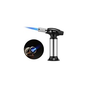 Chalumeau de cuisine rechargeable avec verrouillage de sécurité et flamme réglable, idéal pour crème brûlée, dessert, barbecue, bricolage (Argent)