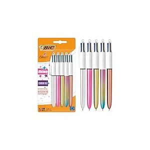 BIC 4 Couleurs Shine et Gradient, r&eacute;tractables &agrave; Pointe Moyenne (1,0 mm) argent&eacute;, dor&eacute;, rose, or rose et pastel d&eacute;grad&eacute; m&eacute;tallis&eacute;s - Lot de 5