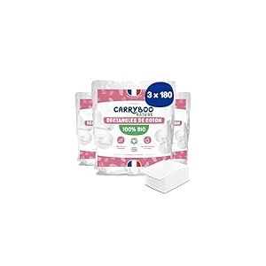 CARRYBOO - Carré Coton Bébé - Fibre 100% Naturelle et Coton Bio - Produit Bébé Ecologique Certifié Gots - Pour l'Hygiène de Bébé - Lot de 3 Packs de 180 Family Pads 8x10 cm - Fabriqué en France