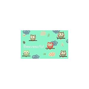 GIFTCOMPANYITALY OGGETTI IDEE DESIGN Gift Company Paillasson Bienvenue Chouettes, Coco/PVC, Bleu Clair, 75 x 45 x 1,5 cm