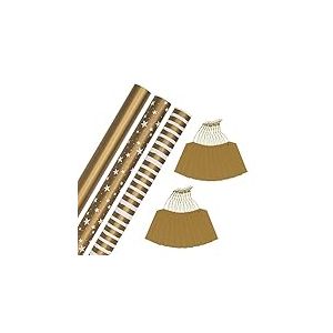 Hallmark Lot de 3 rouleaux de papier cadeau de Noël doré et étiquette cadeau – 3 rouleaux de papier en 3 motifs avec 2 paquets de 10 étiquettes cadeaux dorées unies