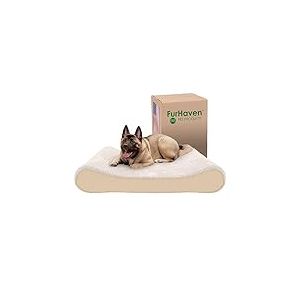 FurHaven Lit pour Chien en Mousse &agrave; m&eacute;moire de Forme pour Grands Chiens avec Housse Amovible Lavable, pour Chiens pesant jusqu'&agrave; 68 kg &ndash; Matelas Ultra Moelleux en Fausse Fourrure et Daim &ndash; Cr&egrave;me &ndash;