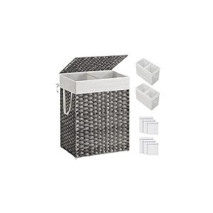 SONGMICS Panier à linge avec couvercle, panier à linge de 90 l avec 2 sacs à doublure amovible et 6 sacs en maille, panier à linge en osier, panier à linge double pour salle de bain, 33 x 45 x 60 cm,
