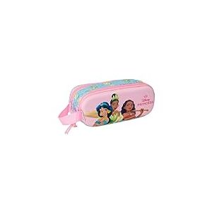 safta Princesses Disney 3D - Trousse Double 3D, Trousse pour Enfant, idéale pour Les Enfants d'âge Scolaire, Confortable et Polyvalente, qualité et résistance, 21 x 6 x 8 cm, Rose Clair/Bleu Ciel, M