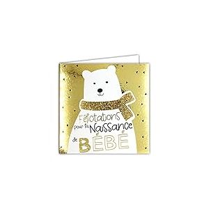 22111 Carte avec Enveloppe Carrée 15x15cm FÉLICITATIONS pour la NAISSANCE de BÉBÉ pour Garçon ou Fille en Or Doré Brillant en relief texturé Ours Blanc Nounours Doudou Enfant -Fabriqué en France