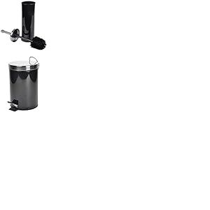 Lot Douceur d'Intérieur, Brosse WC en metal coloris uni, Etain, Noir, (0) 9.5 x 37 cm + Poubelle Métal Noir 3 L