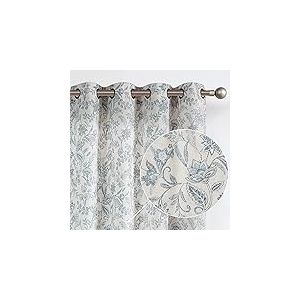 Lazzzy Lot de 2 Rideaux de fenêtre en Lin à imprimé Floral Semi-Floral de Style Rustique pour Salon et Chambre à Coucher – Rideaux filtrant la lumière avec œillets – Bleu sur Beige – 213 cm de Long