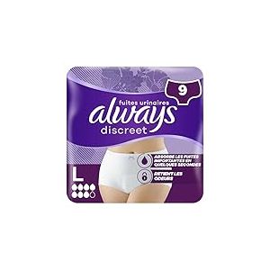Culottes Pour Fuites Urinaires Always Discreet Femmes Plus, Taille L, x9 Culottes, Retiennent Les Fuites Et Les Odeurs, Confortables Et Presque Imperceptibles