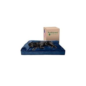 Furhaven Pet Lit pour Chien | Coussin orthopédique en Mousse à mémoire de Forme avec Gel rafraîchissant en Peluche et Velours en Forme de L pour Chiens et Chats, Saphir Profond, Jumbo Plus