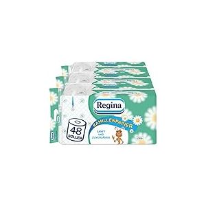 Regina Lot de 48 rouleaux de papier toilette &agrave; la camomille 3 couches (3 x 16 paquets individuels) - 150 feuilles par rouleau - Doux et fiable - Avec une touche de camomille - Papier certifi&eacute; FSC&reg;