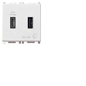 Vimar 14295.AC Alimentation USB 5 V 3 A pour dispositifs &eacute;lectronique, 1 sortie USB type A et 1 sortie USB type C, 2 modules, s&eacute;rie Plana, blanc