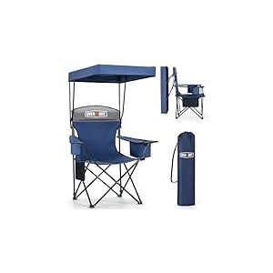OVERMONT Chaise de Camping Pliante avec auvent – Chaise de Plage Pliable avec Porte-gobelet et Sac Isotherme – Transat avec Toit pour Camping, pêche, Jardin – Bleu Gris