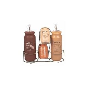 Villa d'Este Home Tivoli Ensemble d'huile, vinaigre, sel et poivre en gr&egrave;s, stand en acier inoxydable, chocolat, Victionary