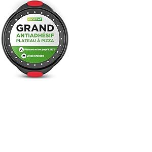 NutriChef Plaque &agrave; Pizza Antiadh&eacute;sive - avec Poign&eacute;e en Silicone, Pan Rond en Acier Non-adh&eacute;sif avec Trous Perfor&eacute;s, Ustensiles de Cuisine de Qualit&eacute;, Plaque &agrave; Pizza avec Poign&eacute;e Silicone et Poign&eacute;e