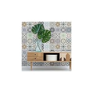 Stickers muraux Cuisine - Sticker Mural - Carreaux de Ciment adhésif Mural - Stickers Muraux azulejos - Sticker Carrelage adhesif Mural Salle de Bain 10 x 10 cm - 24 pièces Carreau de Ciment adhesif