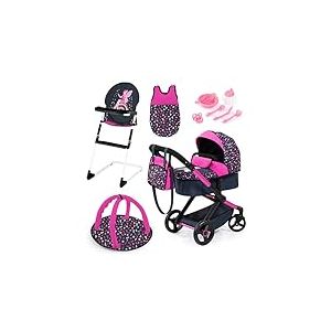 Bayer Design 17080AB Ensemble Poussette pour poupée XEO, poignée réglable, Transformable, Chaise Haute, Sac de Couchage, Tapis d'eveil, Accessoires en Plastique, Noir, Rose