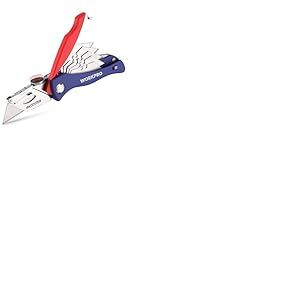 WORKPRO Cutter Professionnel Pliant Utilitaire M&eacute;canisme de Changement Rapide Couteau de Poche avec 5 SK5 Lames Trap&egrave;zes Suppl&eacute;mentaires dans Poign&eacute;e Cutter Moquette Tissu Cuir PVC Carton Papier