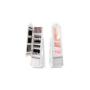 FANTASK Armoire &agrave; bijoux 3 en 1 pour enfants - Pivote &agrave; 360&deg; - Avec miroir pleine longueur et panier de rangement - Blanc - &Eacute;tag&egrave;re &agrave; bijoux - Miroir de maquillage en forme de couronne - Pour enfants