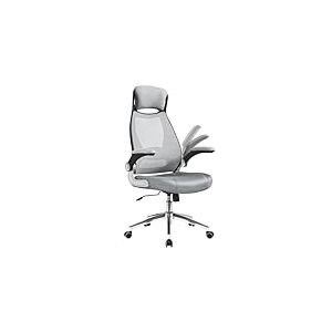 SONGMICS Chaise de Bureau, Fauteuil Pivotant, Siège avec Accoudoirs Rabattables, Appui-tête et Support Lombaire, Dossier Inclinable, Surface en Toile, Gris Tourterelle OBN086G01