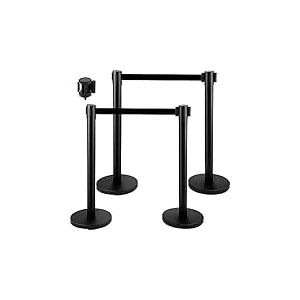 Poteau de Guidage, 4 Pcs Poteaux de Séparation Rétractable avec 2 m Ceinture Noire, File d'Attente Balisage en Acier Inoxydable, Barrière de Passage pour Aéroport Banque Contrôler des Foules