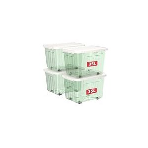 Cetomo 35L*4 Boîtes de Rangement avec Couvercles, Boîte de Rangement en Plastique avec Clips et Roulettes, Empilables, Encastrables, pour Placard de Bureau à Domicile, Vert Transparent, 35L, Lot de 4