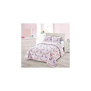 Kids Zone Collection Couvre-lit pour Enfants/Adolescents Licorne &Eacute;toiles C&oelig;urs Arc-en-Ciel Blanc Rose Violet Jaune Orange Gris Nouveau # Licorne Deux (Twin)